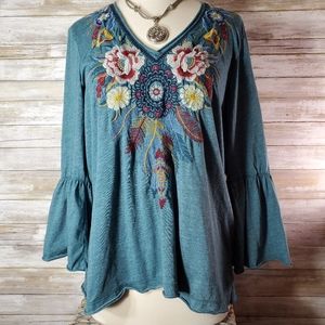Johnny Was Teal Embroidered Floral Top